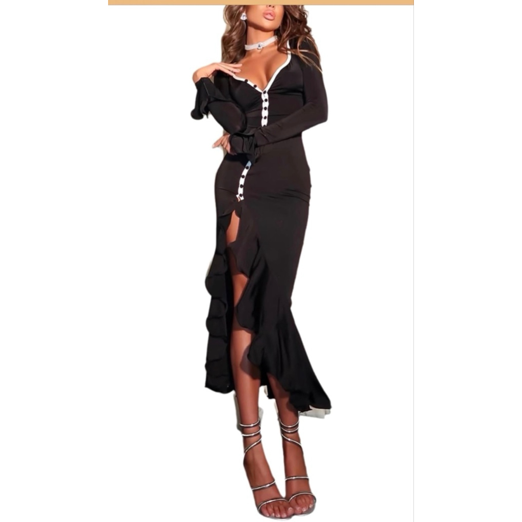 New Bodycon Elegant Flared Long Sleeve V Neck Ruffle Midi Dress Xl